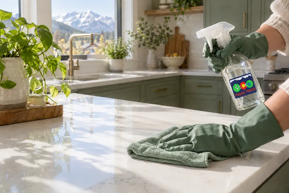 Cleaner wiping a kitchen counter with a microfiber cloth