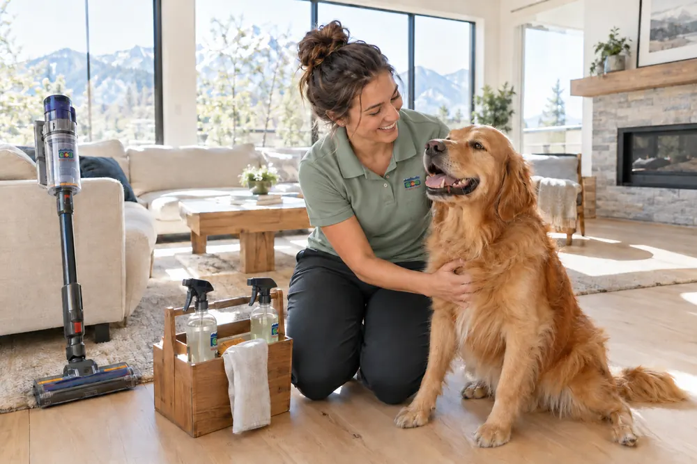 Cleaner petting a happy golden retriever in a clean living room